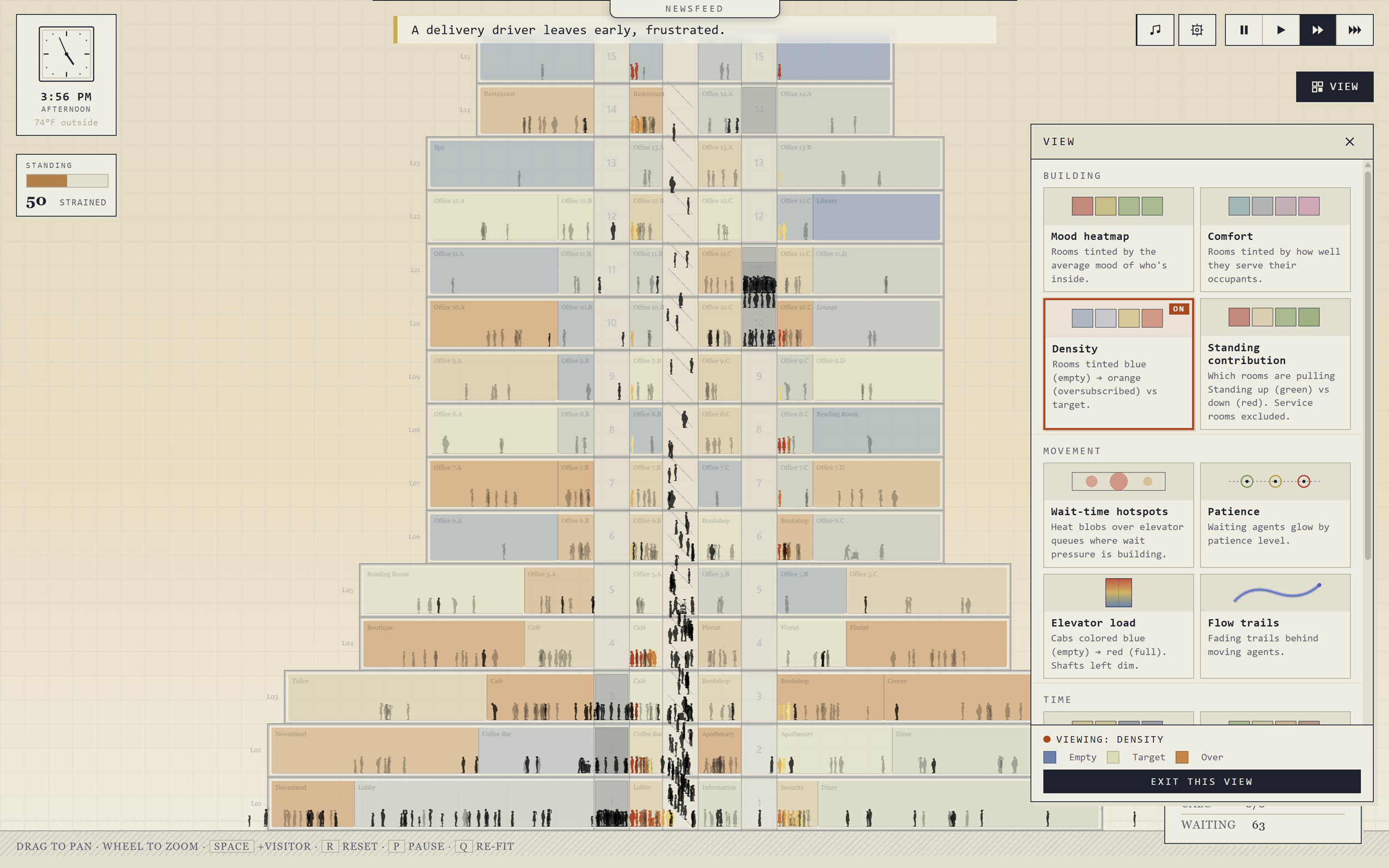 Density overlay with rooms tinted blue to orange