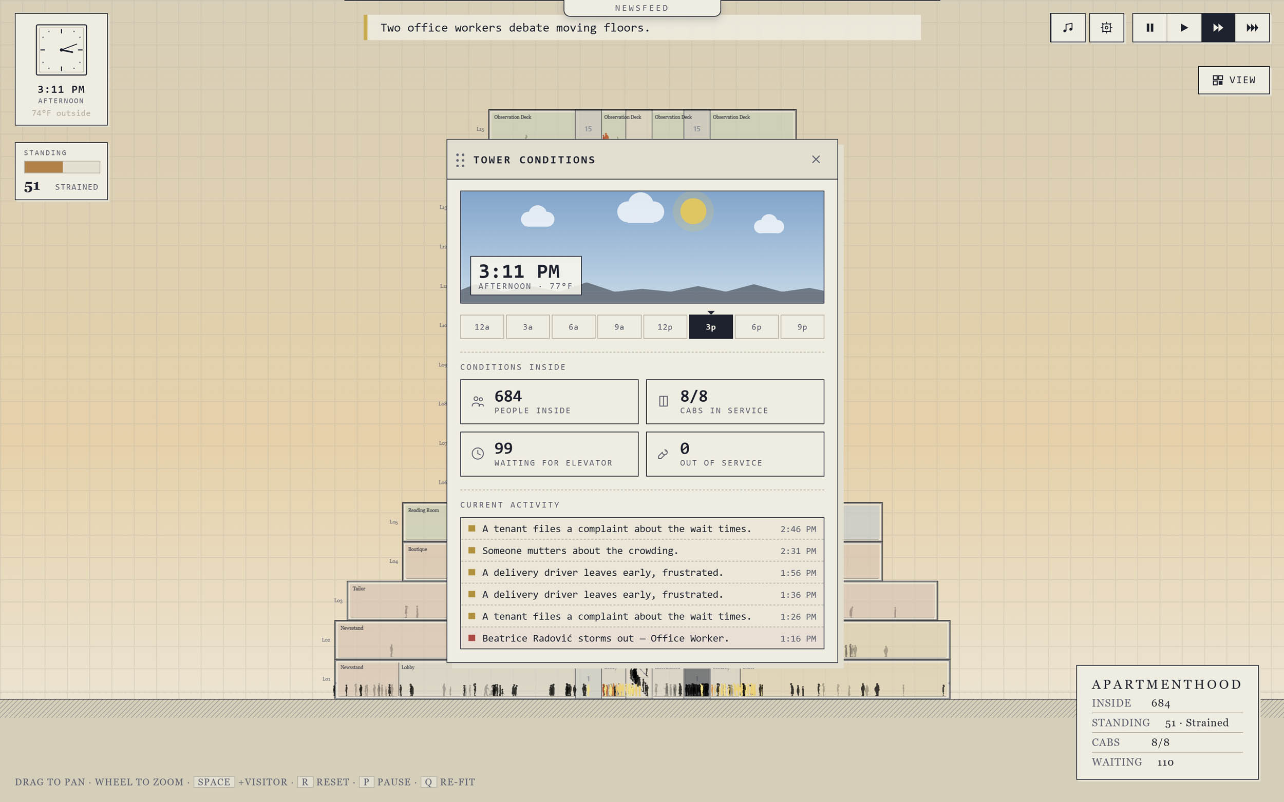 Tower Conditions window with activity log